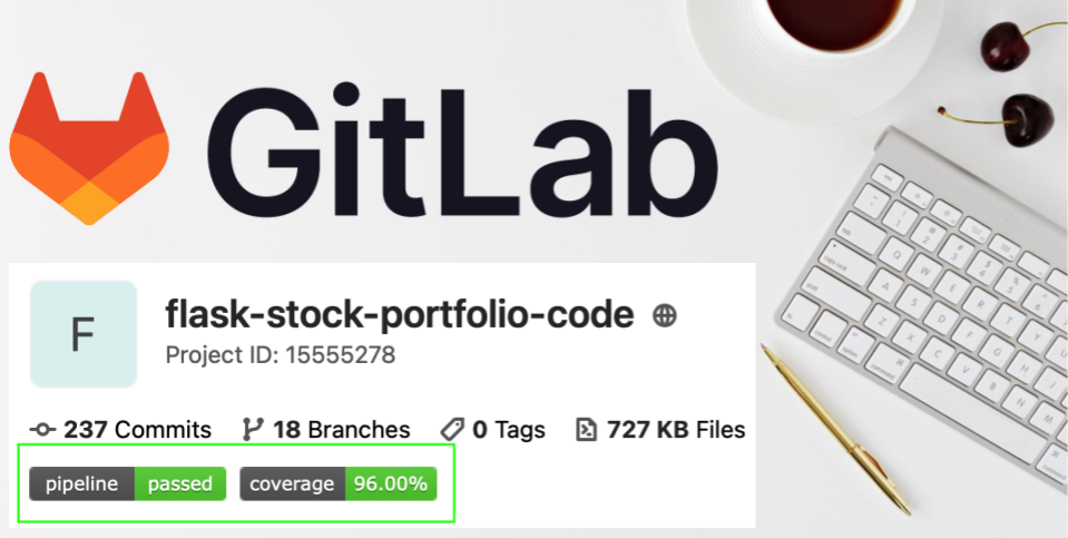 Desk with the GitLab logo and a GitLab project summary shows badges for code coverage and build status.