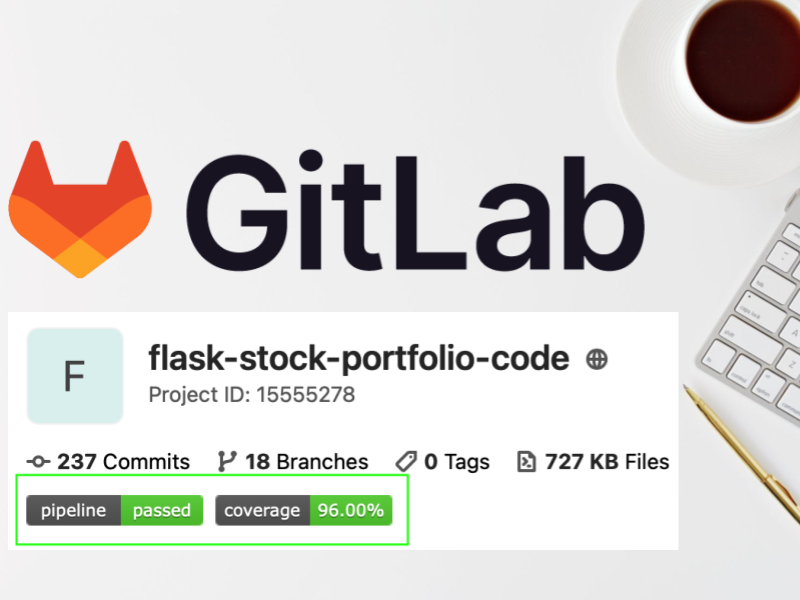 Desk with the GitLab logo and a GitLab project summary shows badges for code coverage and build status.