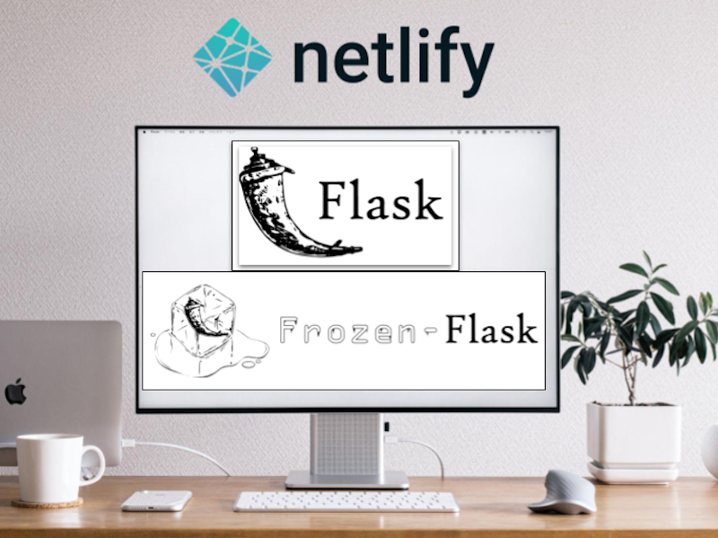 Desktop Computer on a Desk with the Flask and Frozen-Flask Logos on the Screen and the Netlify Logo on a wall behind the computer.