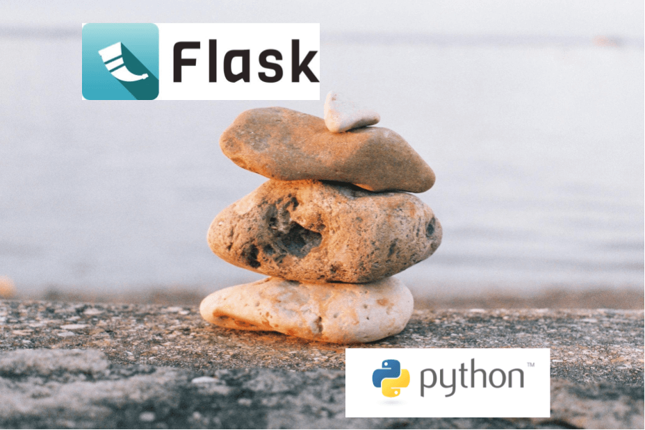 Rocks stacked on top of each other with the Flask logo in the top left corner and the Python logo in the bottom right corner.