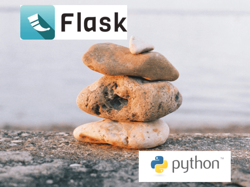 Rocks stacked on top of each other with the Flask logo in the top left corner and the Python logo in the bottom right corner.