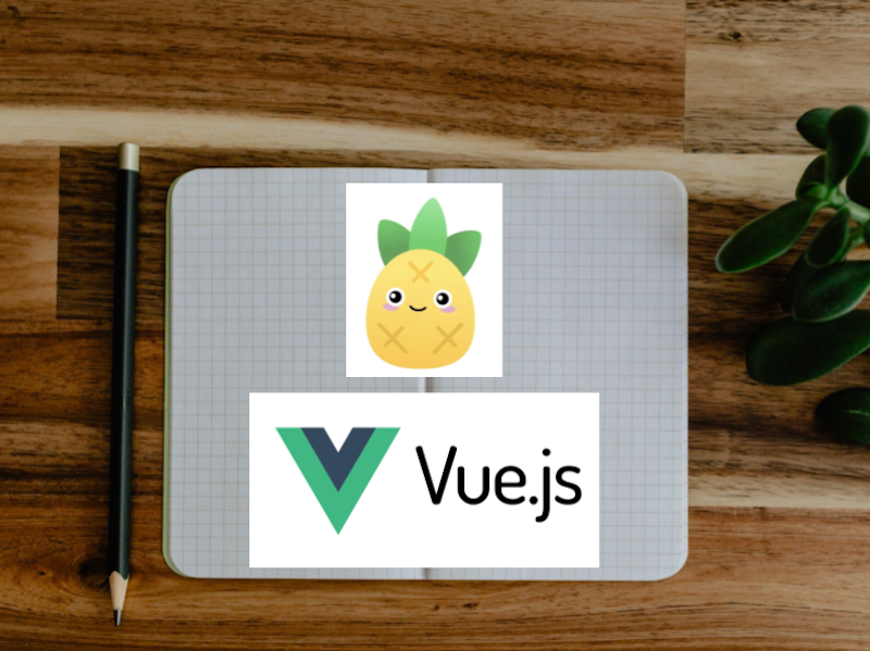 Notebook open with the VueJS and Pinia logos on the notebook.