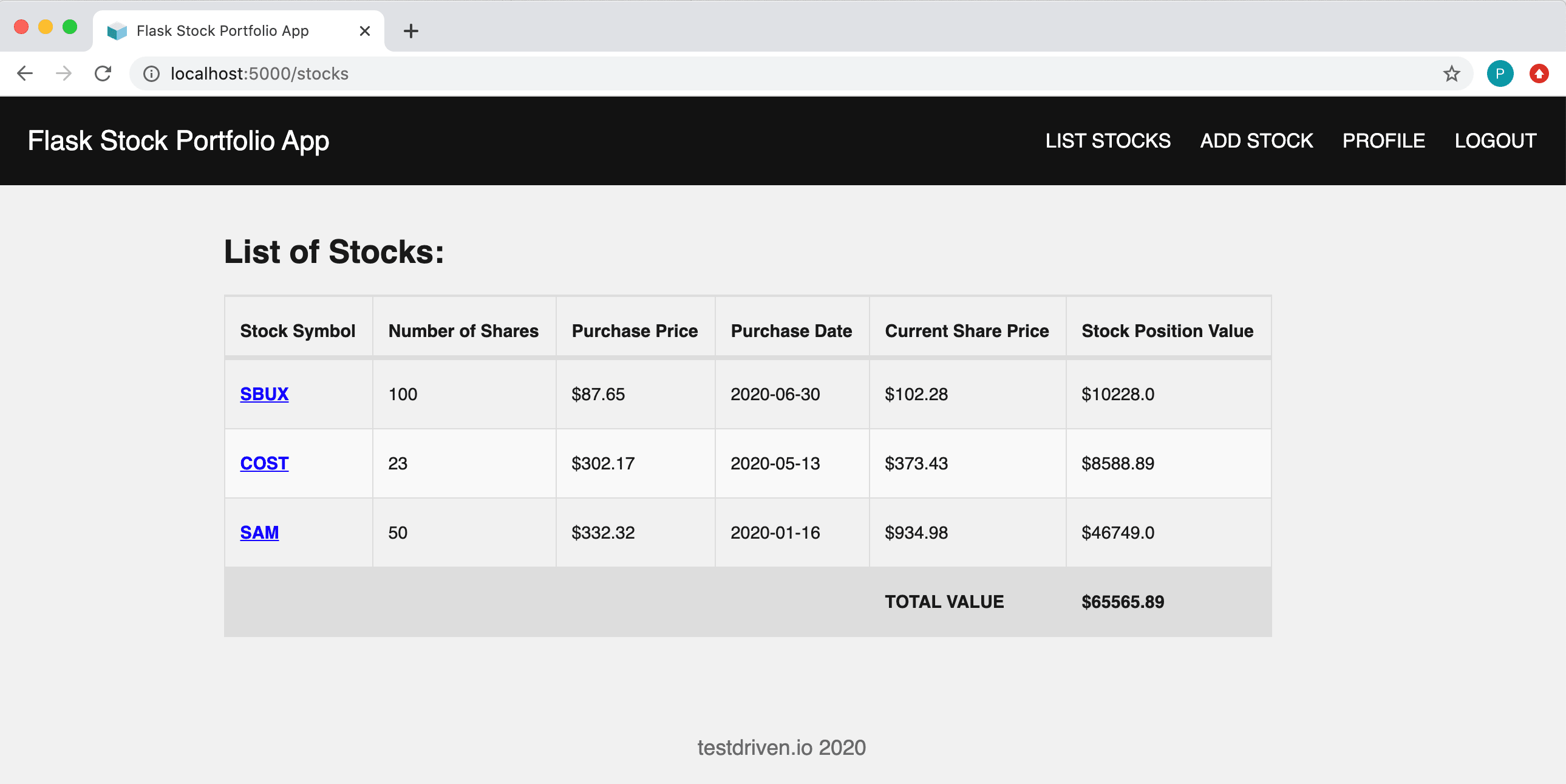 Flask Stock Portfolio App Screenshot